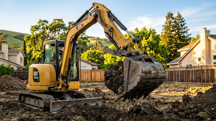 alt="excavation services cost Bay Area 2026 – excavator digging on residential lot in California"
